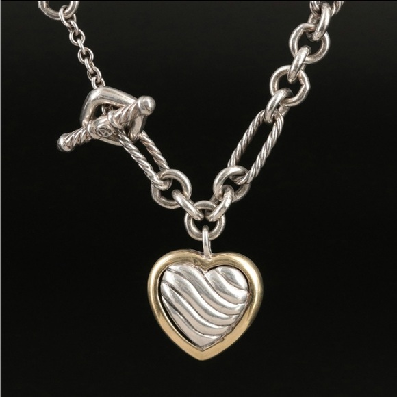 David Yurman Sterling Silver and 18K Yellow Gold Cable Figaro Heart Necklace - Picture 3 of 7
